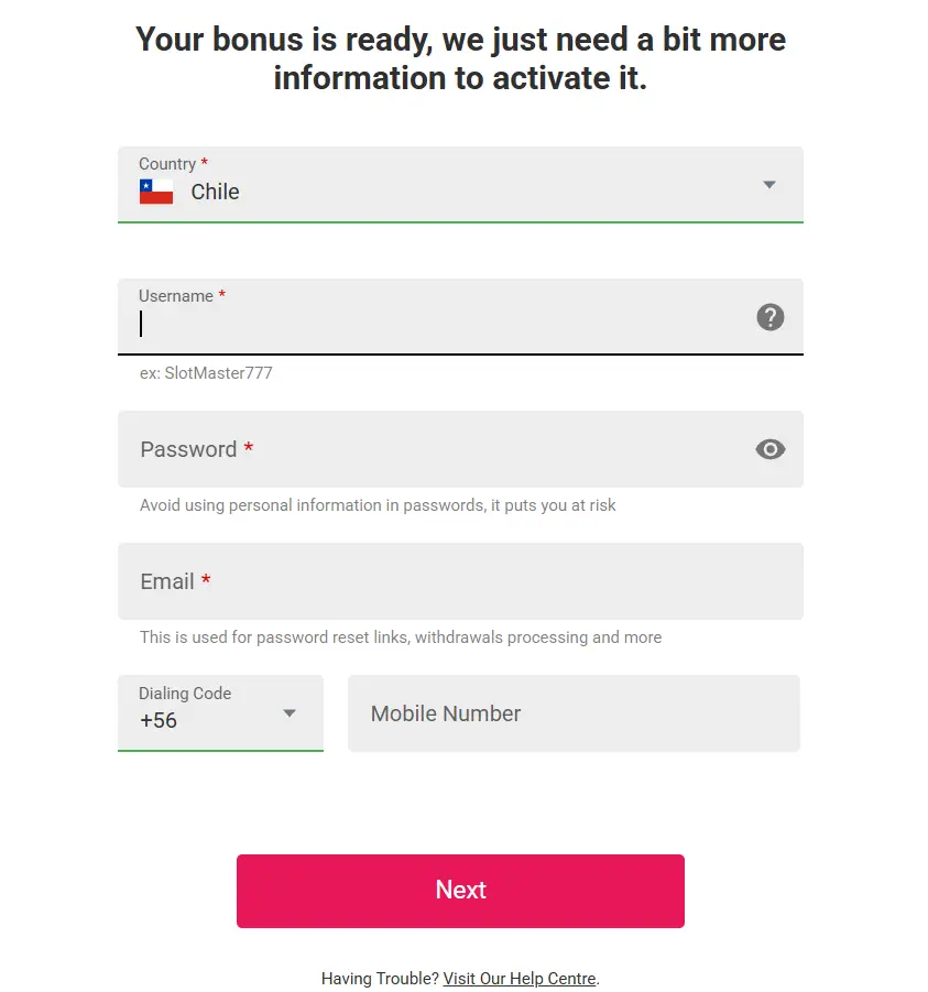 Formulario Spin Casino: registro con pais Chile, usuario, contrasena, correo y telefono